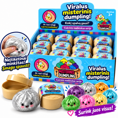 Blizgus „Dumpling Mystery“ Squishy – antistresinis žaislas paslapčių dėžutėje