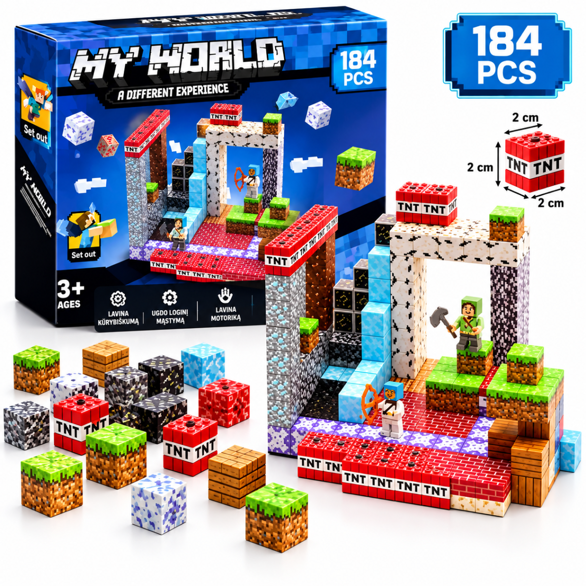 Magnetinis konstruktorius „Minecraft“ stiliumi – 184 kaladėlės