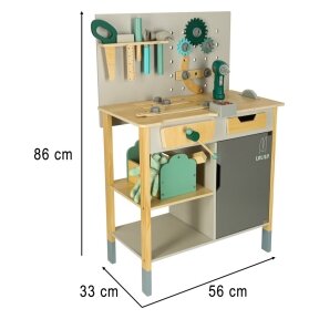 Medinis vaikiškas meistro dirbtuvių stalas Lulilo su įrankiais – 86 cm Medinis vaikiškas meistro dirbtuvių stalas Lulilo su įrankiais – 86 cm
