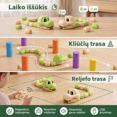 Nuotoliniu būdu valdomas RC magnetinis krokodilas – 8 segmentai, pultelis, USB-C 1